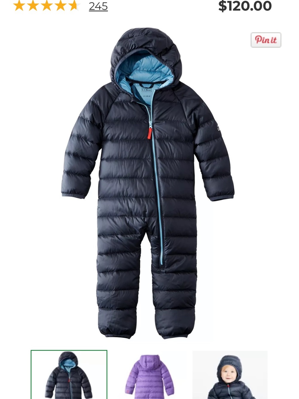 L.L. Bean Infant Ultralight 650 Dowb Bunting 12-18 M